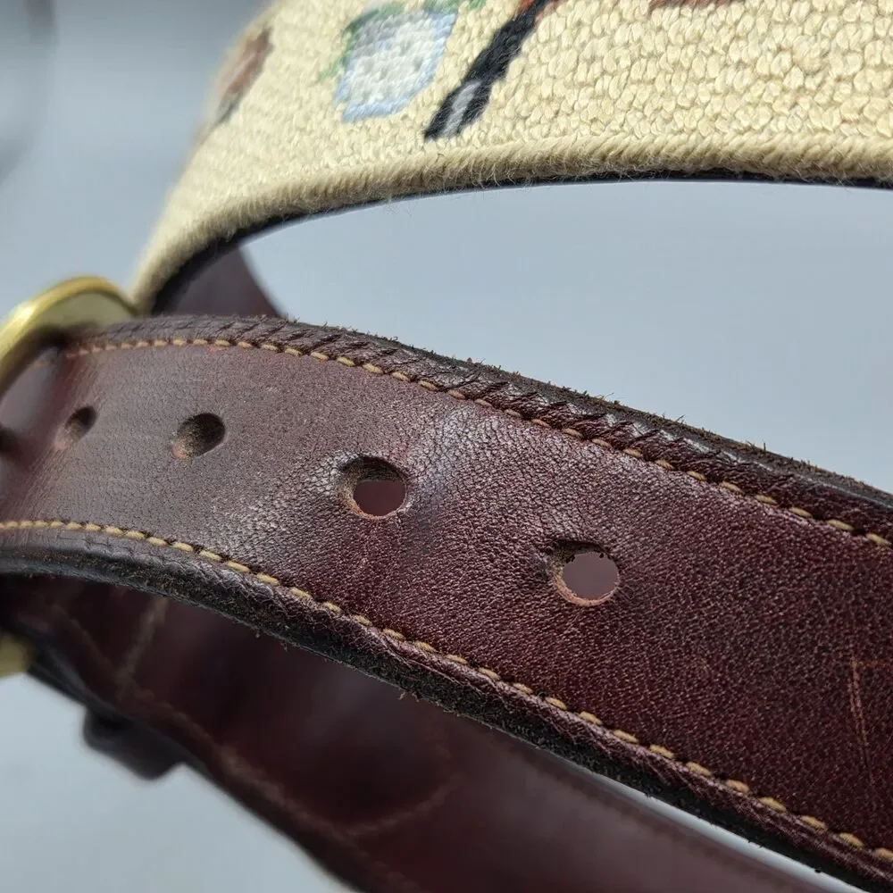 Needlepoint Belt Golf Mens Canvas Leather brass round buckle sz 44